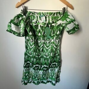 NWT Antica Sartoria 100% Cotton off shoulder Summer Dress green white tropical